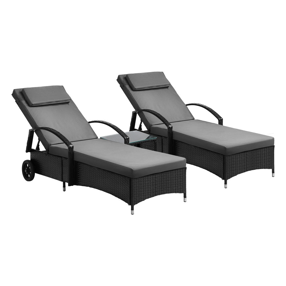 2pcs Wheeled Sun Loungers with Table Outdoor Set Black