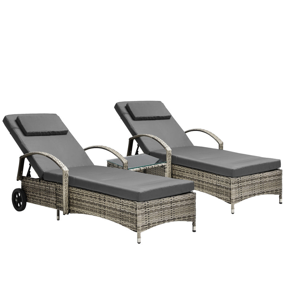 2pcs Wheeled Sun Loungers with Table Outdoor Set Grey