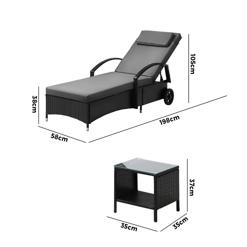 2pcs Wheeled Sun Loungers with Table Outdoor Set Black