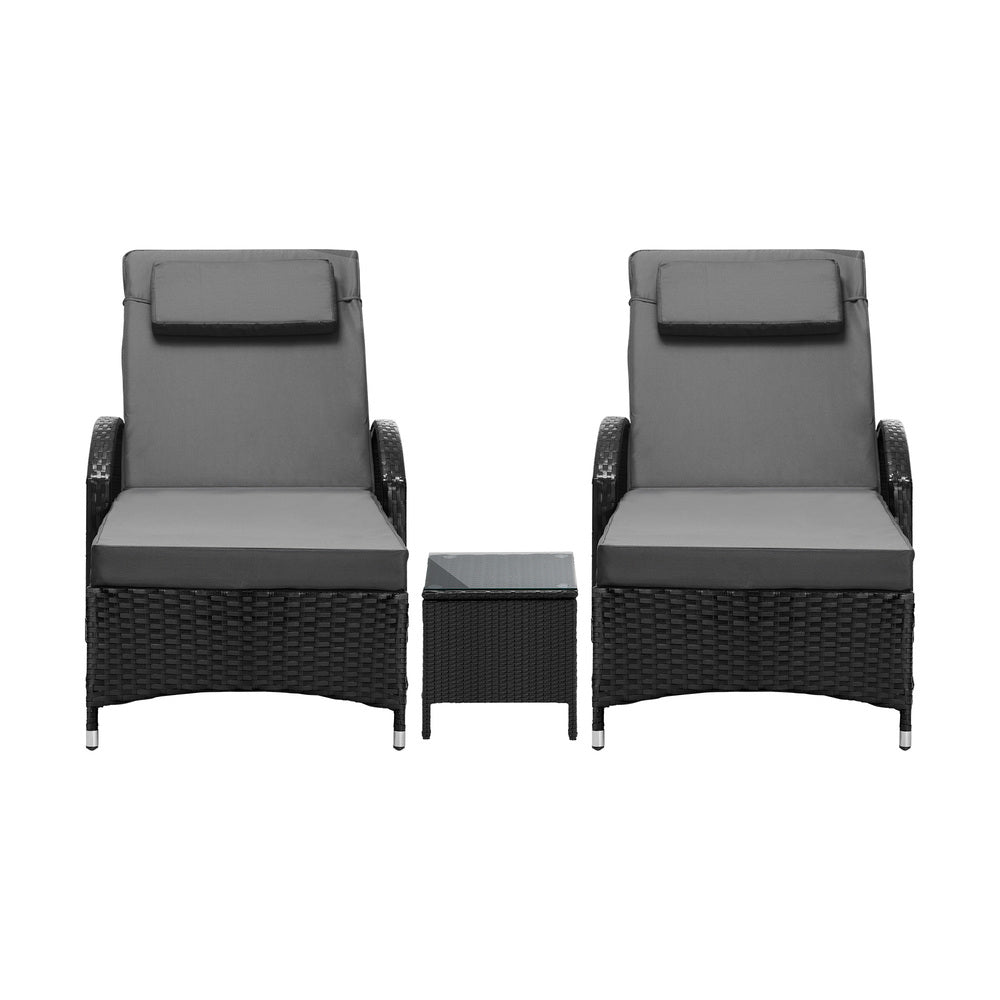 2pcs Wheeled Sun Loungers with Table Outdoor Set Black