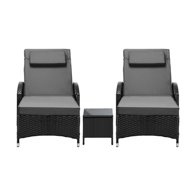 2pcs Wheeled Sun Loungers with Table Outdoor Set Black