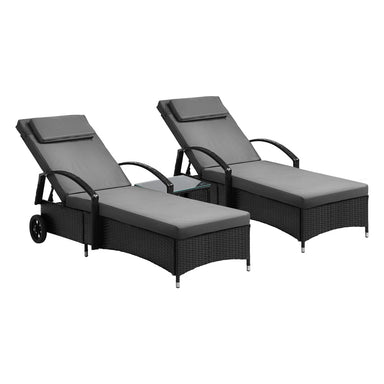 2pcs Wheeled Sun Loungers with Table Outdoor Set Black
