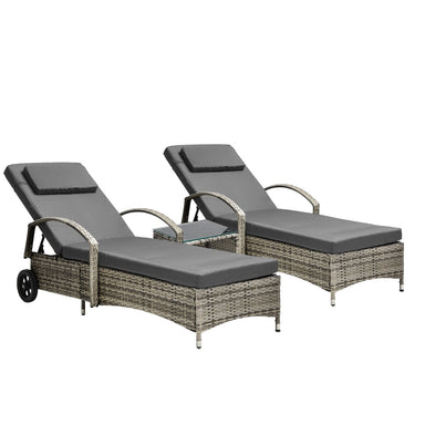2pcs Wheeled Sun Loungers with Table Outdoor Set Grey