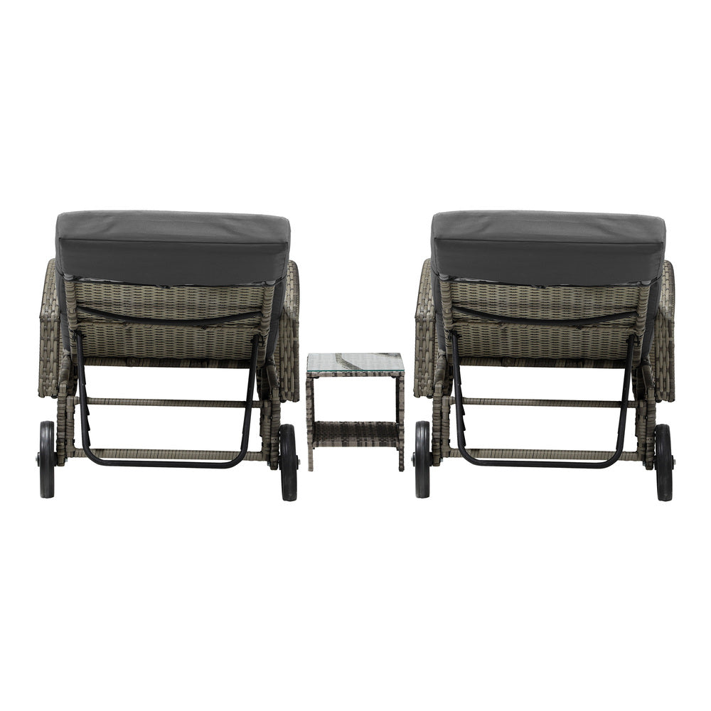 2pcs Wheeled Sun Loungers with Table Outdoor Set Grey