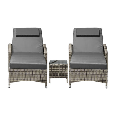 2pcs Wheeled Sun Loungers with Table Outdoor Set Grey