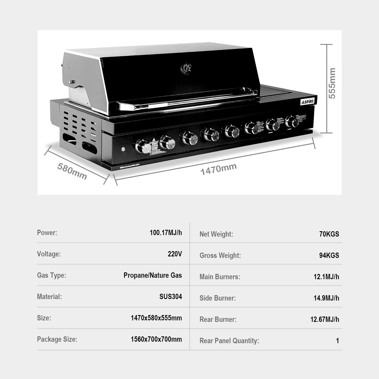 Aspire 6 Burner Built In BBQ with Rear & Side Burners (Natural Gas)