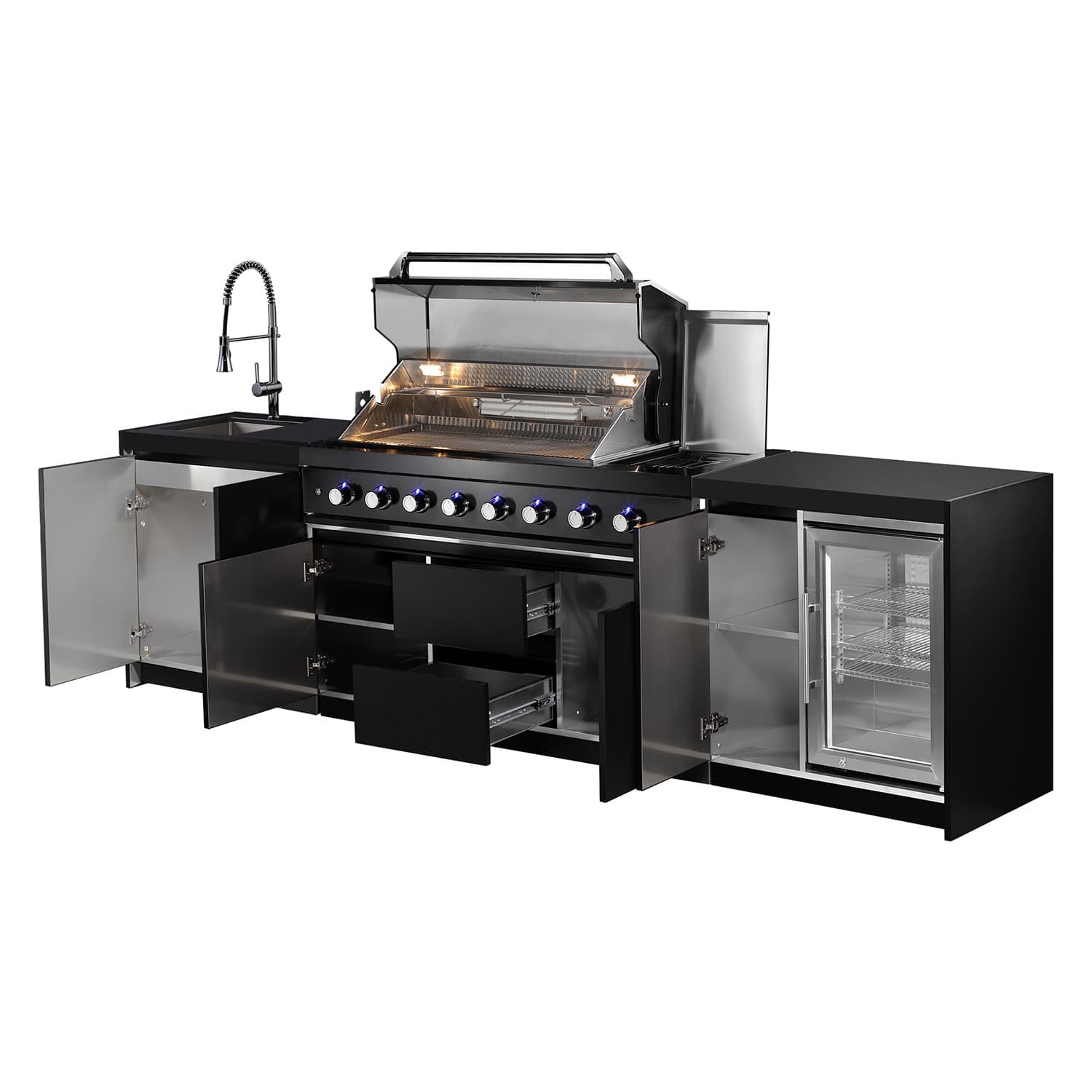 Aspire 6 Burner Outdoor Kitchen With Single Door Fridge & Sink (Natural Gas)