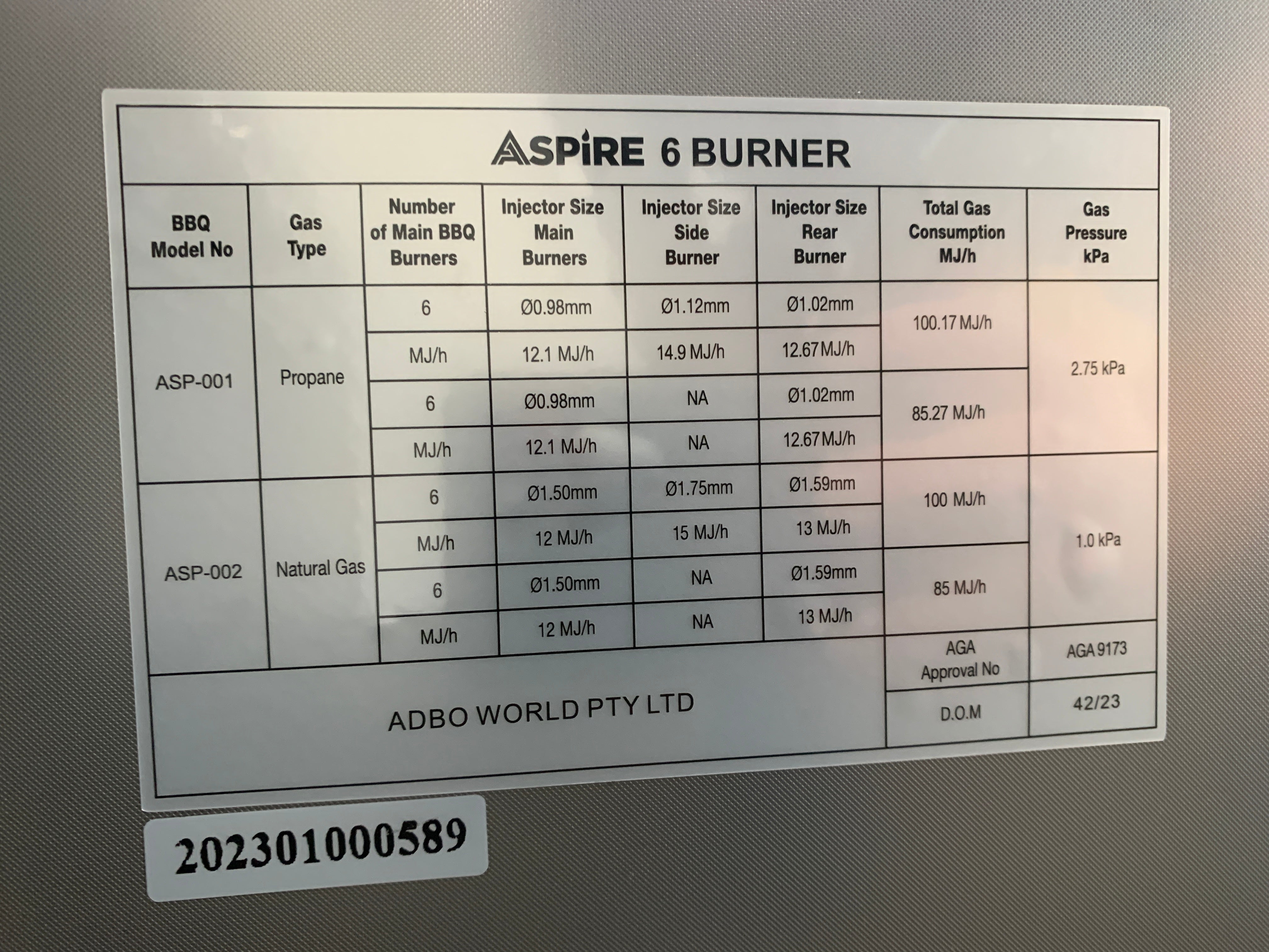 Aspire 6 Burner BBQ On Cabinet (Natural Gas)