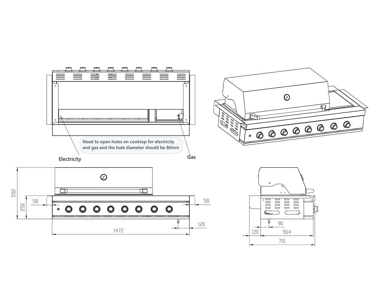 Aspire 6 Burner Built In BBQ with Rear & Side Burners (Natural Gas)